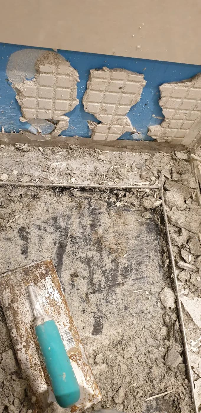 Bathroom stripped back to the substrate, with the failed membrane exposed at the wall junction