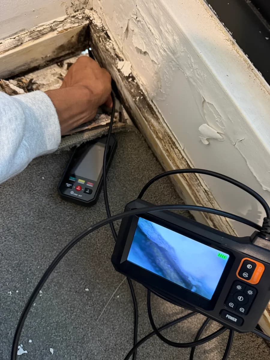 A borescope fed into a wall cavity through the window sill